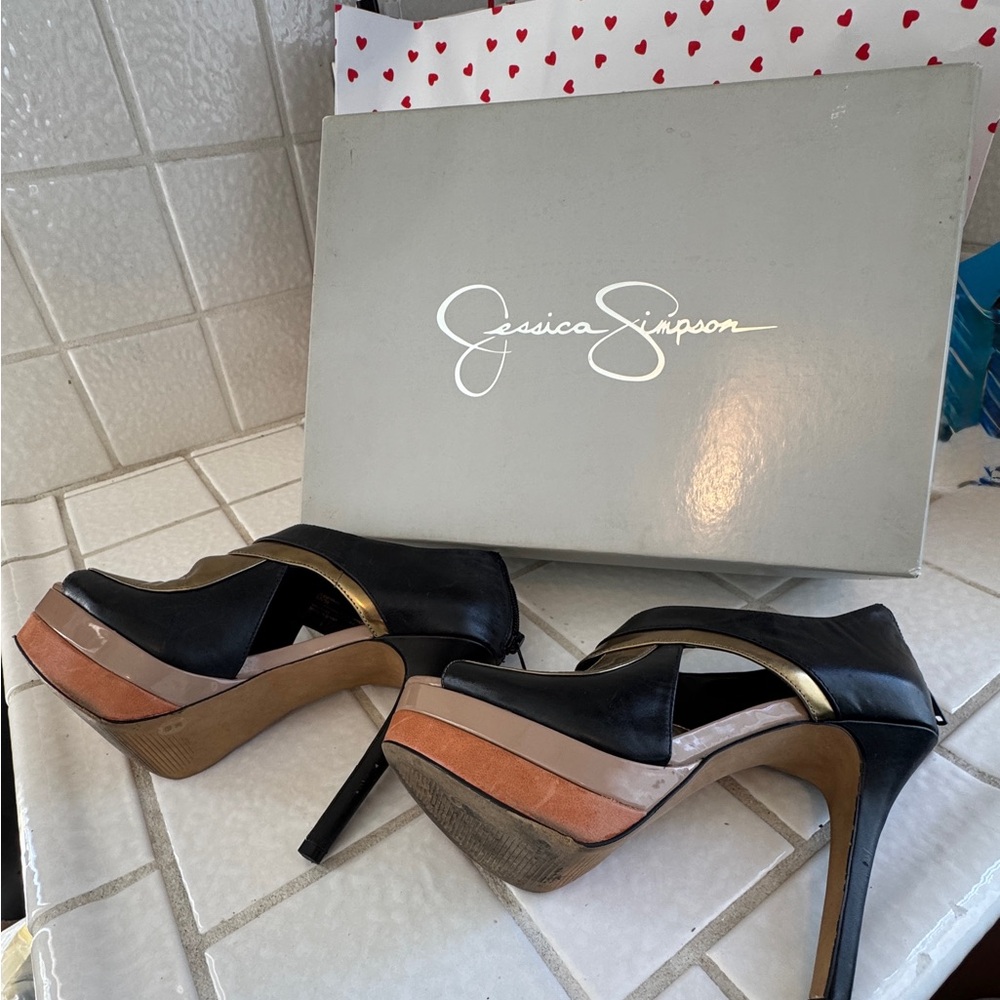 Jessica Simpson Black and Gold Cutout High-Heel Sandals - Picture 2 of 6